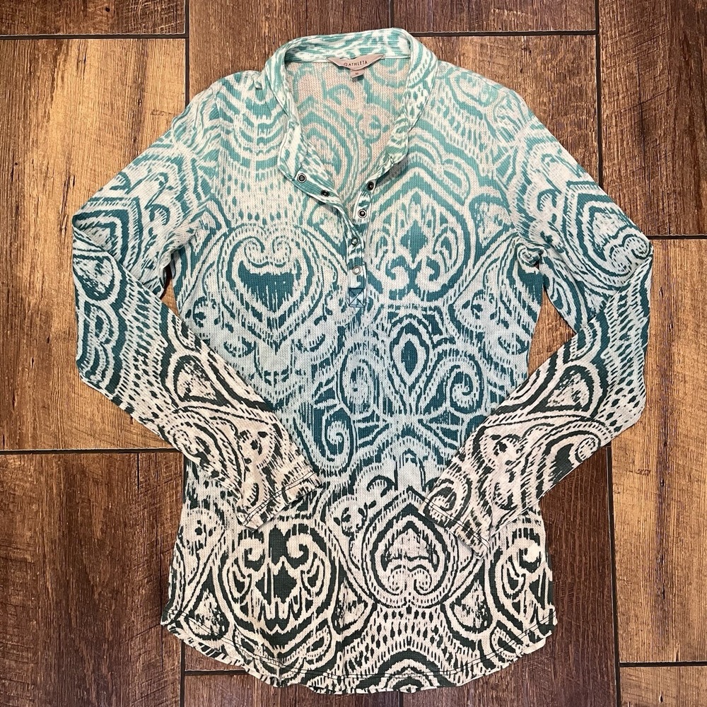 Athleta Shirt Womens M Teal Blue Ombre Waffle Knit Thermal Y2K Paisley Boho